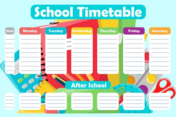 Class schedule, school schedule.Office supplies. School supplies on a blue background.Timetable. Lesson plan. — Stock Vector