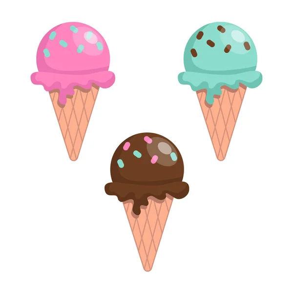 Конус мороженого. Сладкий набор, вафельный рожок. шоколадное, клубничное, мороженое. Изолированный на белом фоне. — стоковый вектор