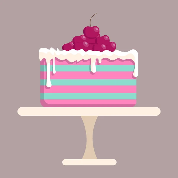 Delicious cake with cream and cherries. Multi-colored cakes. Cherry cake on a platter. Creamy cream topping, berry dessert. Isolated — Stock Vector