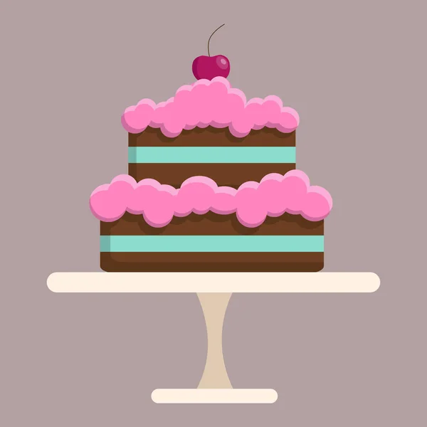 Two-tiered cake with cream and cherries on a platter. Multi-colored cakes. Cherry cake. Cream topping, berry dessert. Isolated — Stock Vector