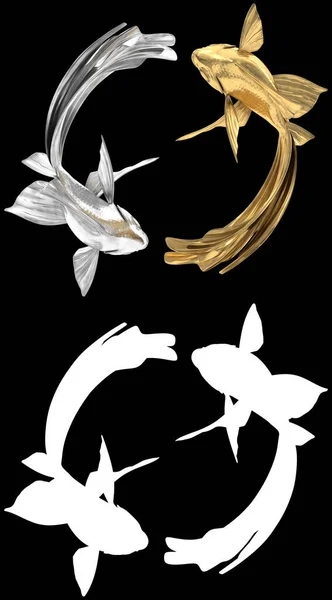 金魚と銀魚黒の背景に隔離され 一緒に泳ぐ金魚陰陽シンボル アルファと美しい金魚 — ストック写真