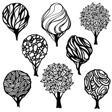 Set of hand-drawn stylized trees