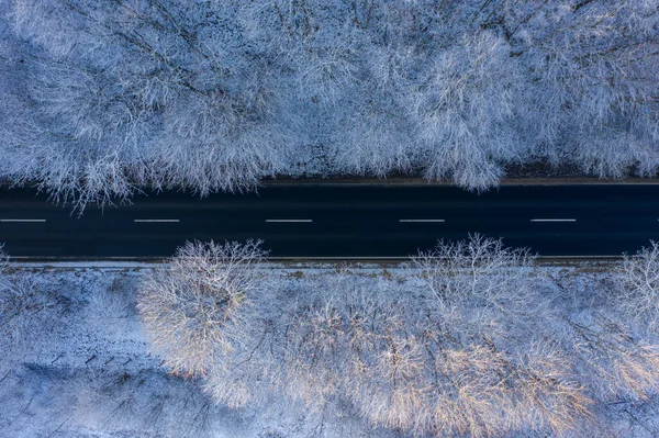 Csesznek Hungary Aerial Top View Winter Forest Crossed Asphalt Road — Stock Photo, Image