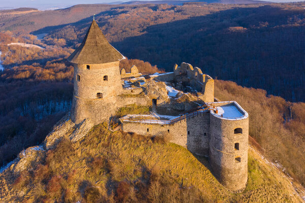 iatorsk Bukovinka, Slovakia - Aerial view of the famous Castle of Somosko, Slovakian name is omoka hrad, Hungarian name is Somoski vr, Hungarian name is Somoski vr.