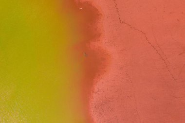 Neszmly, Macaristan - Kuraklık kırmızı çamur yüzeyi ve yeşil renkli göl manzarası.