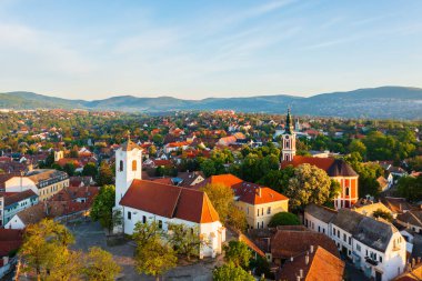 Szentendre, Hungary -  Amazing aerial view about the Belgrade serbian orthodox cathedral and St. John's Parish Church in the heart of the city.