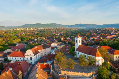Aerial view about the city hall of Szentendre and St. John's Parish Church in the heart of the city.
