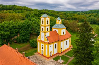 Aerial view of Church of St. Michael and Archangel Gabriel in Graboc, Hungary.