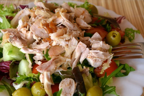 Salade de légumes frais mélangés avec de la viande de poulet — Photo