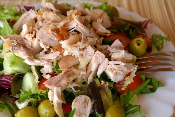 Salada de legumes misturados frescos com carne de frango — Fotografia de Stock