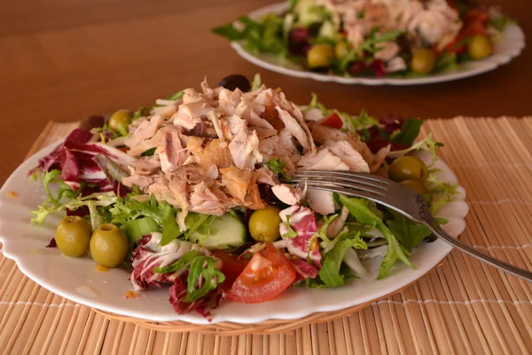 Färska blandade grönsakssallad med kycklingkött — Stockfoto