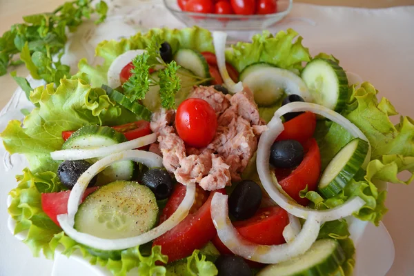 Blandade grönsakssallad med tonfisk och olivolja — Stockfoto