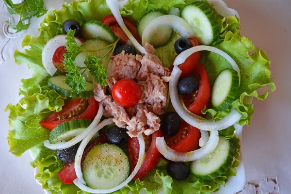 Blandade grönsakssallad med tonfisk och olivolja — Stockfoto