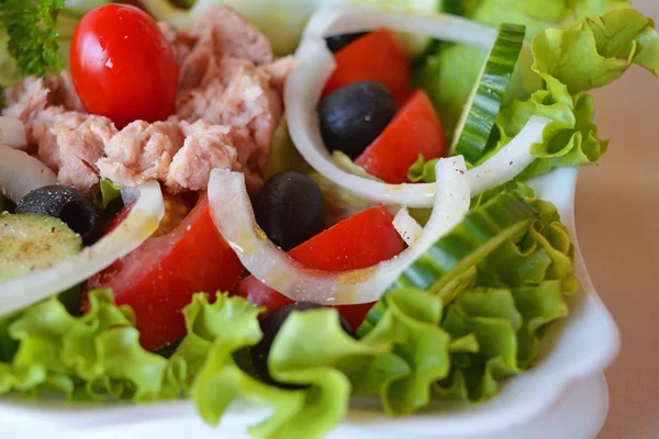 Ensalada de verduras mixtas con atún y aceite de oliva — Foto de Stock