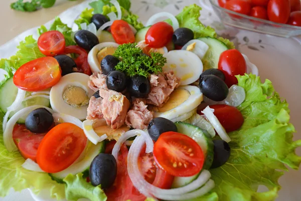 Vegyes zöldségsaláta, tonhal és olívaolaj — Stock Fotó