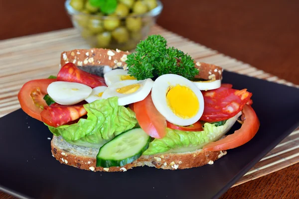 Свежий и вкусный сэндвич с салями и овощами на тарелке — стоковое фото