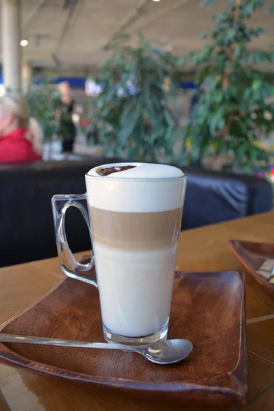 Latte Macchiato In Glass Cup On The Wooden Table — Stock Photo, Image