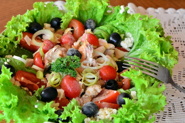 Свежий овощной салат с куриным мясом — стоковое фото