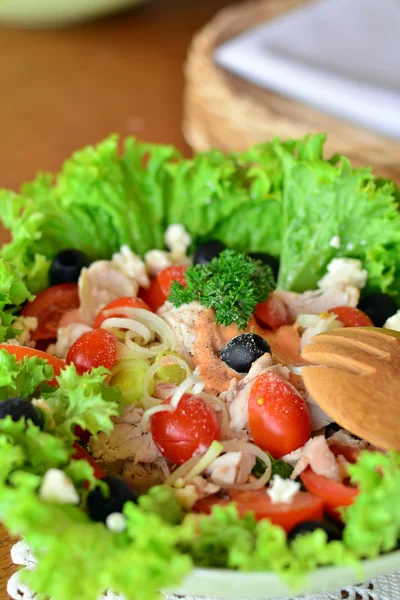 Frischer gemischter Gemüsesalat mit Hühnerfleisch — Stockfoto