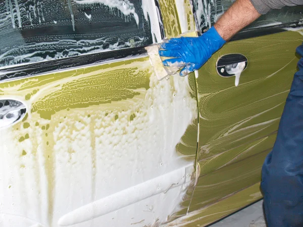 Lavar Carro Mecanicamente Mão Com Uma Esponja — Fotografia de Stock