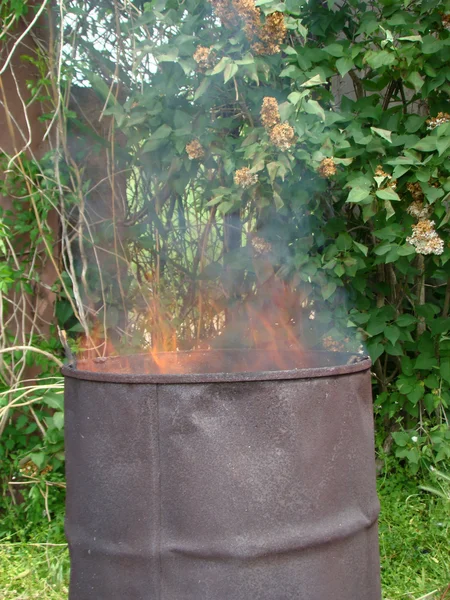 Burning Vegetative Waste Metal Barrels Open Sky — Stock Photo, Image