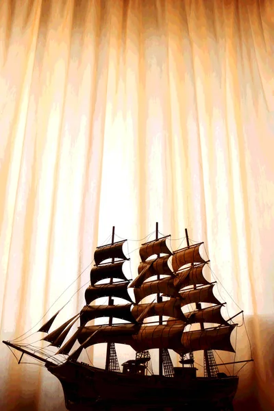 Plakat kolekcjonerska postać statku w kolorze złotym. sztuka. model statku. — Zdjęcie stockowe