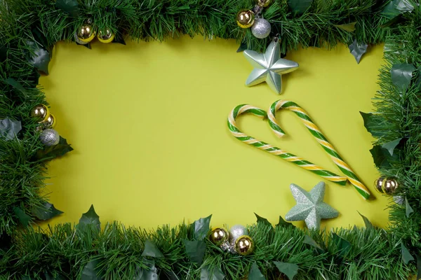 Creative Frame Mock Branches Christmas Tree New Year Toys Candy — Stock Photo, Image