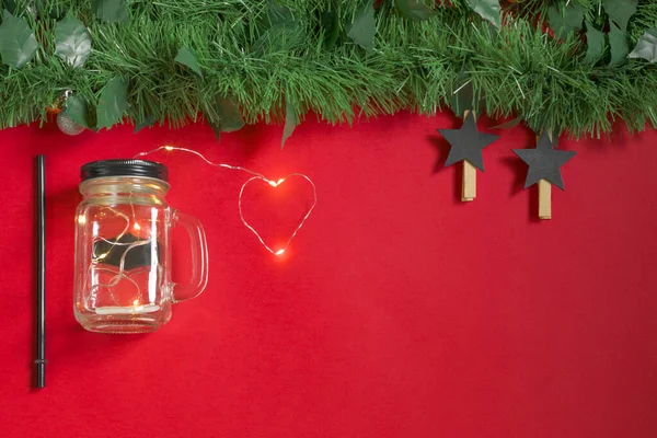 Christmas New Year Composition Garland Transparent Glass Jar Artificial Fir — Stock Photo, Image