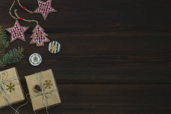 Brinquedos Madeira Natal Caixas Presente Feitas Mão Decoradas Com Papel — Fotografia de Stock