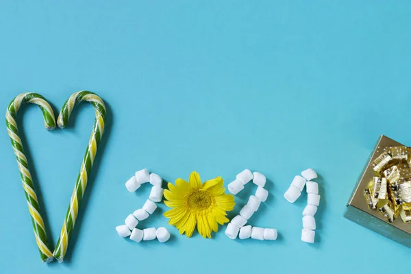 Happy New Year 2021 Concept Text Made Marshmallows Blue Background — Stock Photo, Image