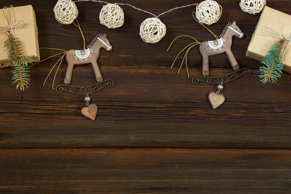 Jouets Noël Bois Bascule Cheval Boîtes Cadeaux Papier Artisanal Une — Photo