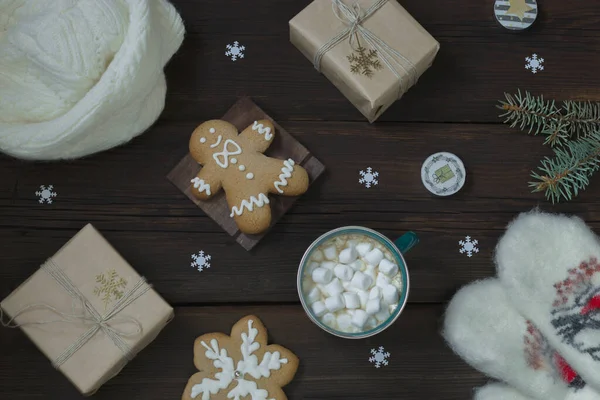 Christmas New Year Card Cup Hot Drink Marshmallows Warm White — Stock Photo, Image