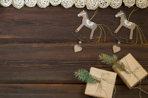 Christmas Wooden Toys Rocking Horse Gift Boxes Craft Paper Garland — Stock Photo, Image