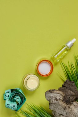 Chaga huş ağacı mantarı kozmetikte moda bir kavramdır. Doğal krem, sarı arka planda cam bir kapta chaga ile gerekli yağ. Naturopati. Kaplıca. Doğal antioksidan. Düz yatıyordu.