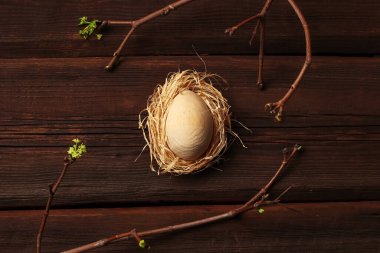 Happy easter concept in eco style. Wooden egg in a nest made of hay and a branch with leaves and buds on a dark natural background. Spring greeting card.