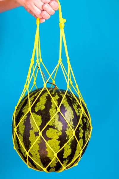 Healthy food delivery concept. Hands hold a watermelon in a string bag on a blue background. Detox in a reusable eco-mesh. Vertical position.
