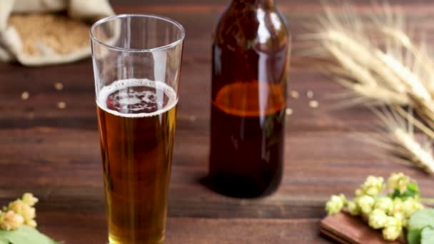 Vierta cerveza ligera casera en un primer plano de vidrio sobre un fondo de madera con lúpulo y cebada. Inicio concepto de elaboración de cerveza. — Vídeo de stock