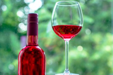 Yeşil arka planda, gül şarabı ve büyük bir bardakla yaratıcı bir yaz kompozisyonunun yakın çekimi. Romantik akşam yemeği ya da kahvaltı