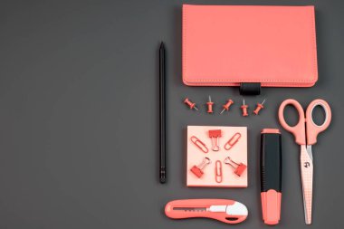 Karanlık bir arka planda ofis ve okul malzemeleri. Tebeşir yazısıyla okul konseptine dönelim. Düz konum, boşluğu kopyala