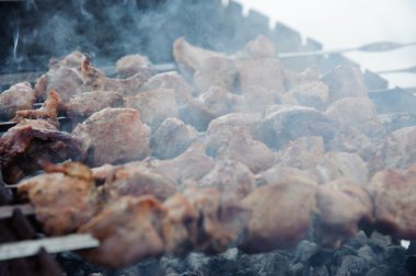 Barbekü üzerinde sulu kavrulmuş kebap