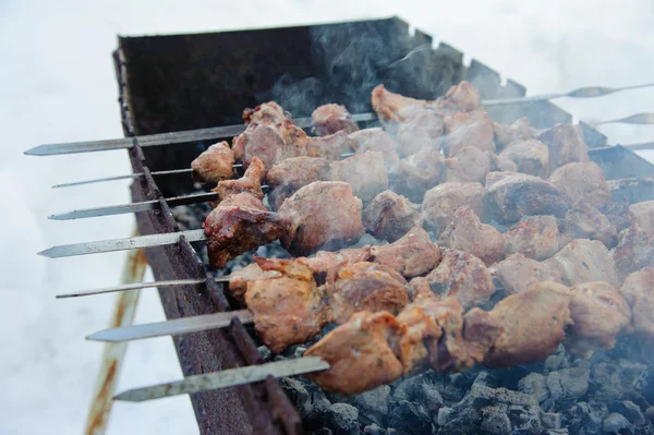 Kebabs assados suculentos no churrasco — Fotografia de Stock