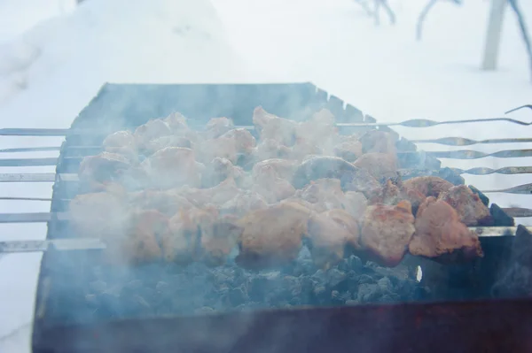 Kebabs assados suculentos no churrasco — Fotografia de Stock