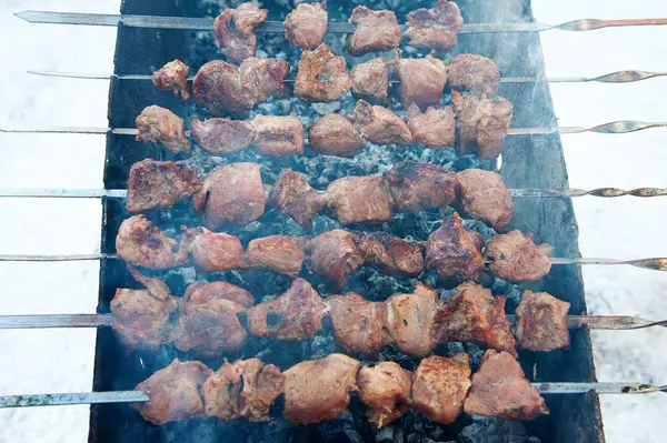 Kebabs grillés juteux sur le barbecue — Photo