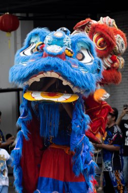 Mavi Barongsai Aslanı 'nın Kapanışı Çin Yeni Yıl Geleneksel Dini Kutlama ve Ruhani Ritüeli sırasında Dans Başlığı