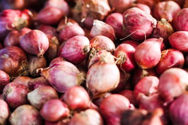Çiğ Kırmızı Şalgam Grubu 'nun Dokusunu Kapat, Gastronomi ve Mutfak Malzemeleri İçin Taze Mor Soğan Ampulleri, Geleneksel Piyasa Arkaplanındaki Organik Soyulmamış İttifak Cepa Yığını