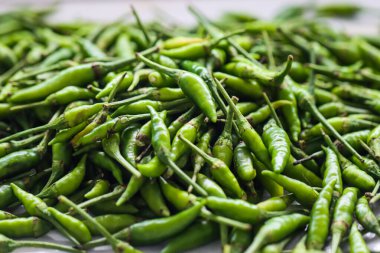 Taze Yeşil Kuşların Gözü Chili Peppers, Baharat Gastronomisi İçindekiler İçin Çiğ Organik Biber Yığını, Geleneksel Piyasada Taze Hasat Edilen Küçük Sıcak Yeşil Biber Ekranı