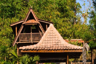 Tropikal Köy Geçmişinde Uzun Thatch Çatı ve oyulmuş Ahşap Süsleme Mimarisi ile Geleneksel Etnik Ev
