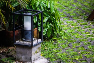 Çağdaş Black Metal Kafes Açık Bahçe Lambası Beton Sütunlu Taş Yol ve Yeşil Tropikal Yeşil Yapraklı Peyzaj Dekorasyonu