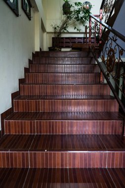 Kahverengi Ahşap desenli İstatistik Merdivenleri ve Dekoratif Döşemeleri Sanatsal Ev İçlerinde Demir Parmaklıkları Yazdı