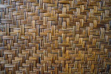 Organik İç Tasarım İçin Geleneksel Örgü Örgü ve Doğal Kahverengi Kereste Detaylı Bambu Dokuma Arkaplanı